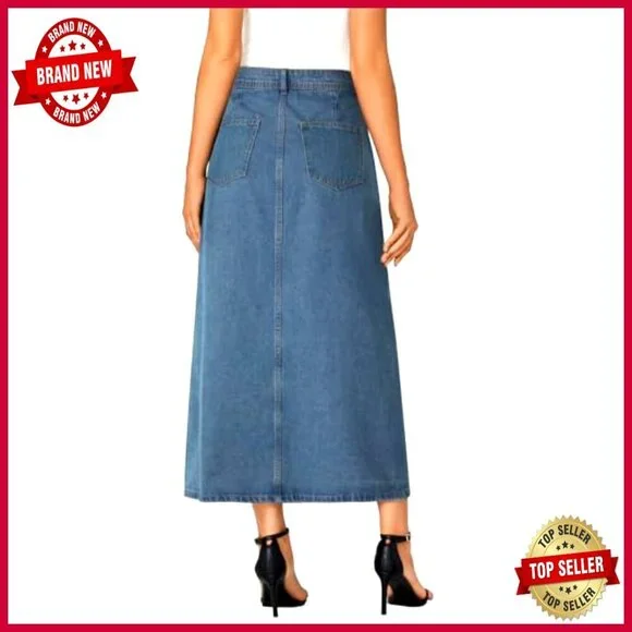 A Line Denim Midi Skirt High Waist Button Down Casual Elegant Y2K Retro - Picture 5 of 7